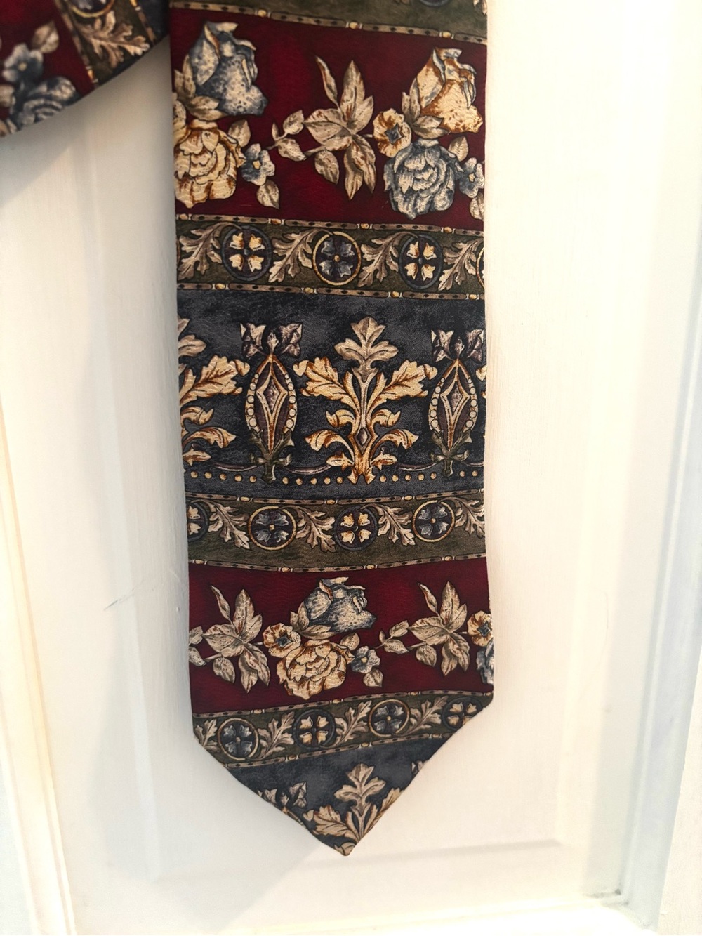 Vintage 90s Stanley Blacker Floral Striped Silk Tie in Burgundy, Navy & Gold